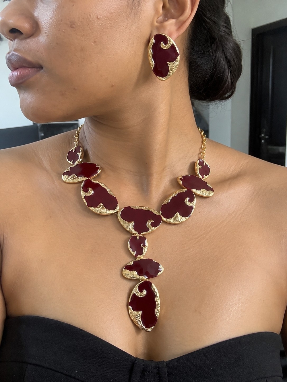Gold-Tone Burgundy Statement Necklace & Earrings Set